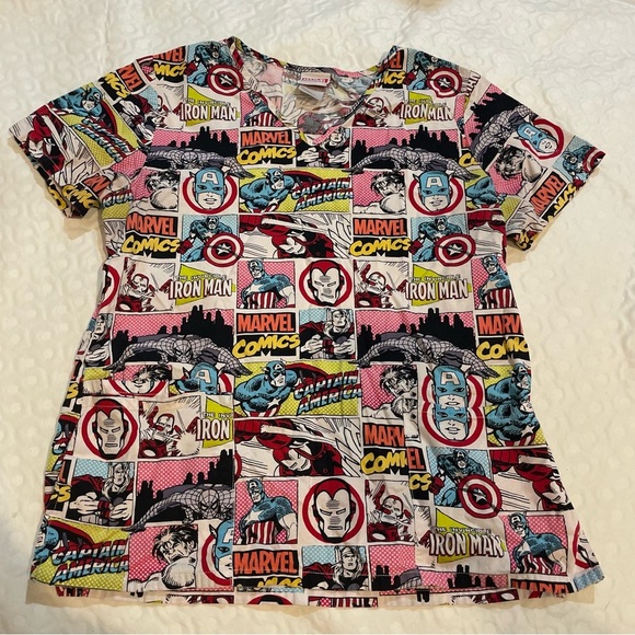 Marvel Comic Scrub Top Women’s Small Colorful Iron Man Captain America Medical - Picture 1 of 7
